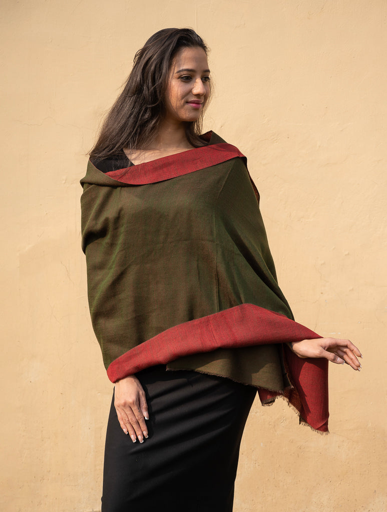 Exclusive Reversible Soft Kashmiri Wool Stole - Deep Red & Olive