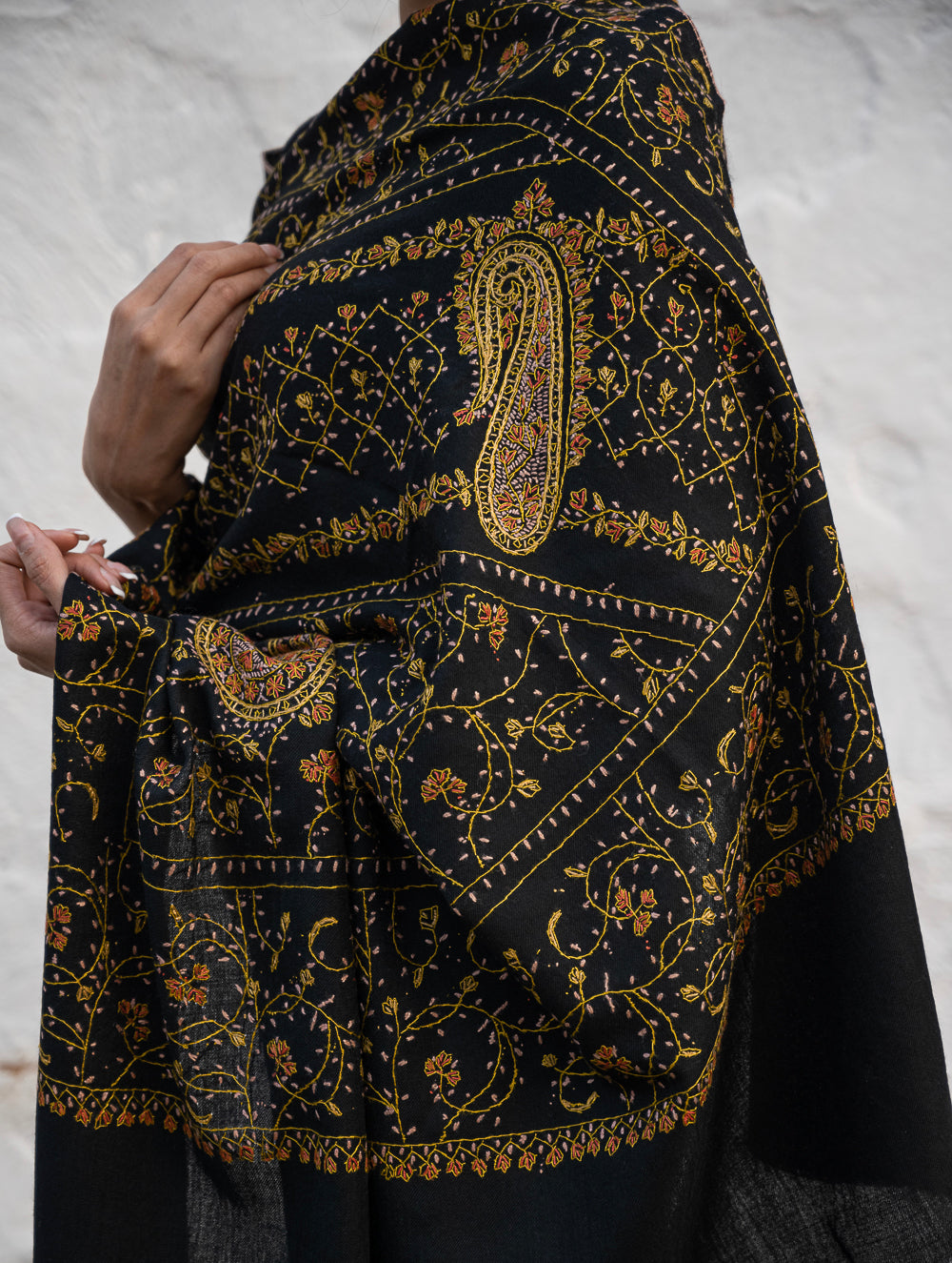 Black base bright coloured wool shawl, Total hand embroidered woollen  shawl, All over hand embroidered Kashmir shawl.