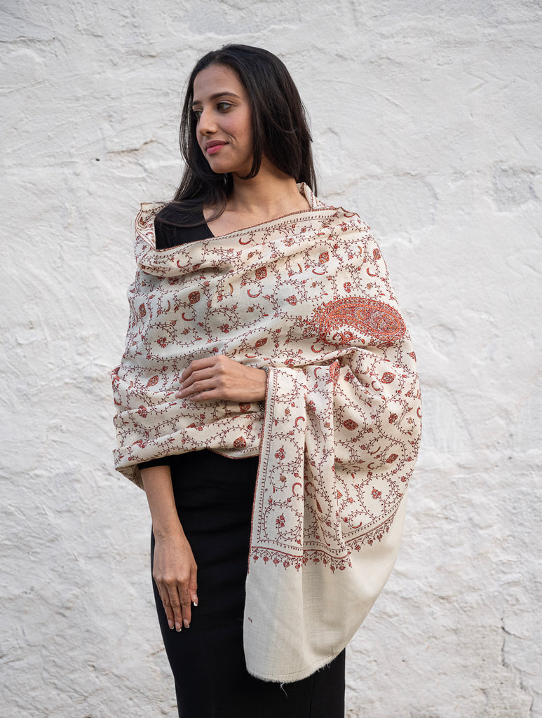 Exclusive, Fine Hand Embroidered Kashmiri Shawl - Cream & Red Paisley  