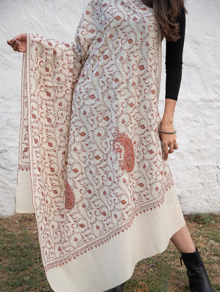 Exclusive, Fine Hand Embroidered Kashmiri Shawl - Cream & Red Paisley  