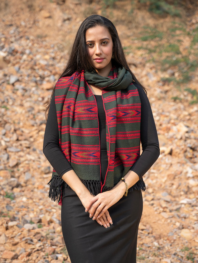 Exclusive, Soft Himachal Wool Stole - 6 Panels, Deep Olive