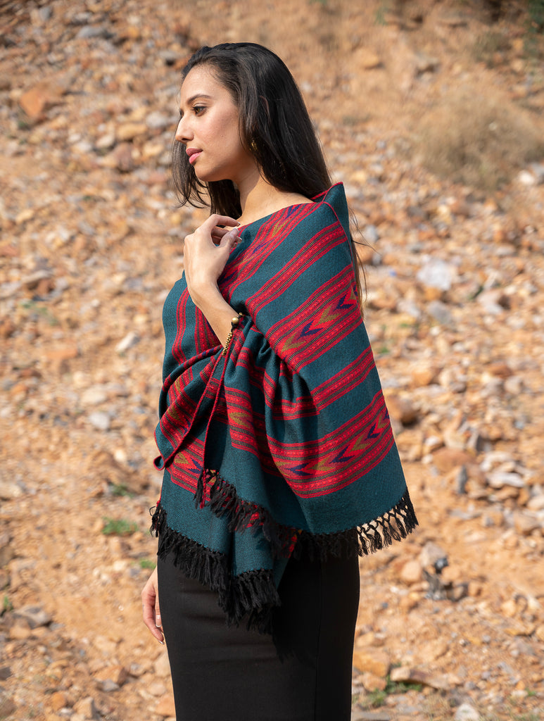 Exclusive, Soft Himachal Wool Stole - 6 Panels, Peacock Blue