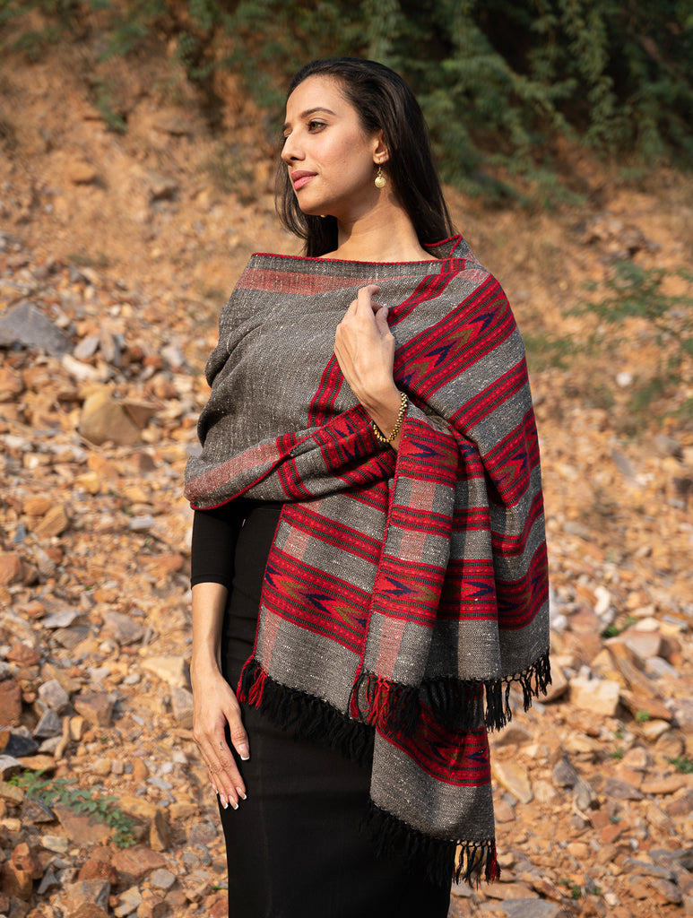 Exclusive, Soft Himachal Wool Stole - 6 Panels, Warm Grey