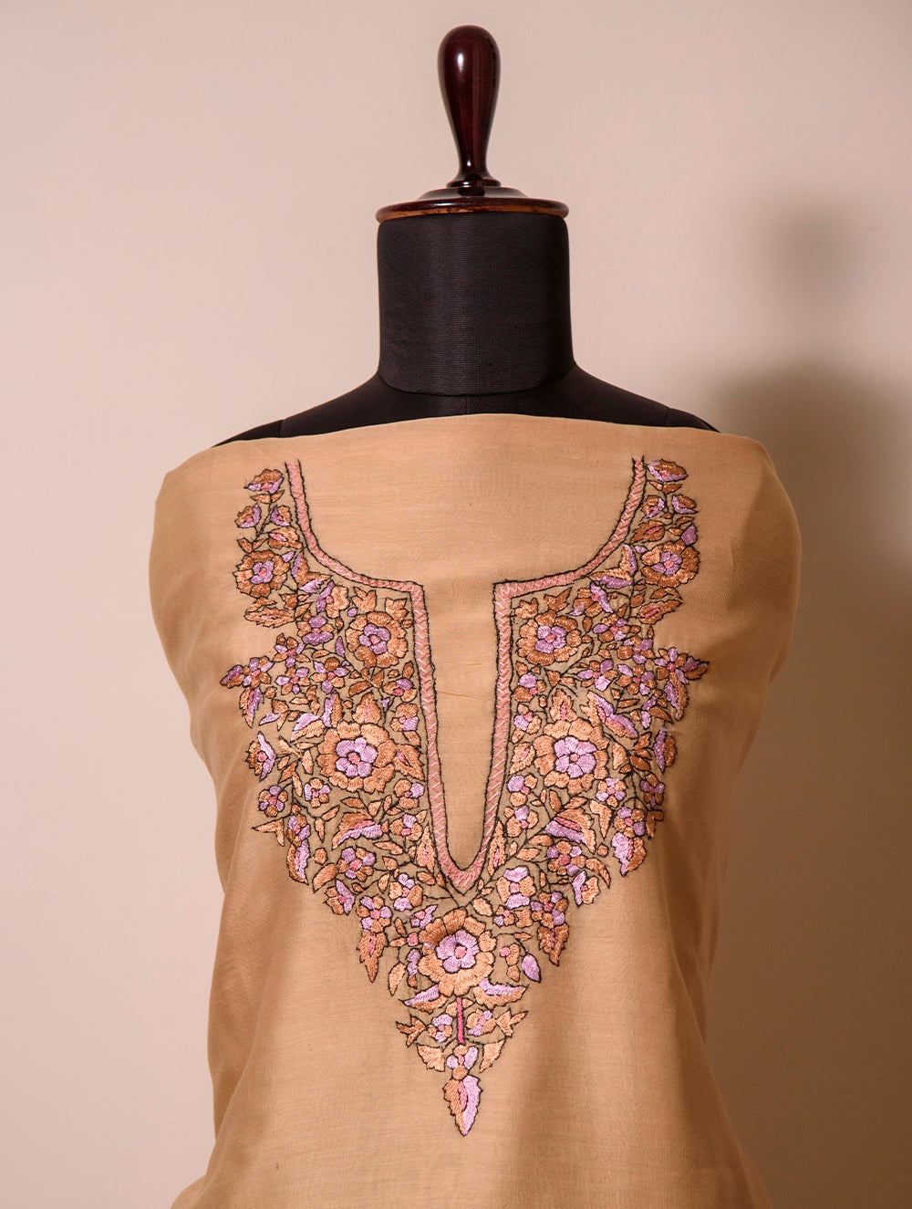 Load image into Gallery viewer, Exclusive, Fine Kashmiri Hand Embroidered Chanderi Kurta / Dress Fabric - Beige