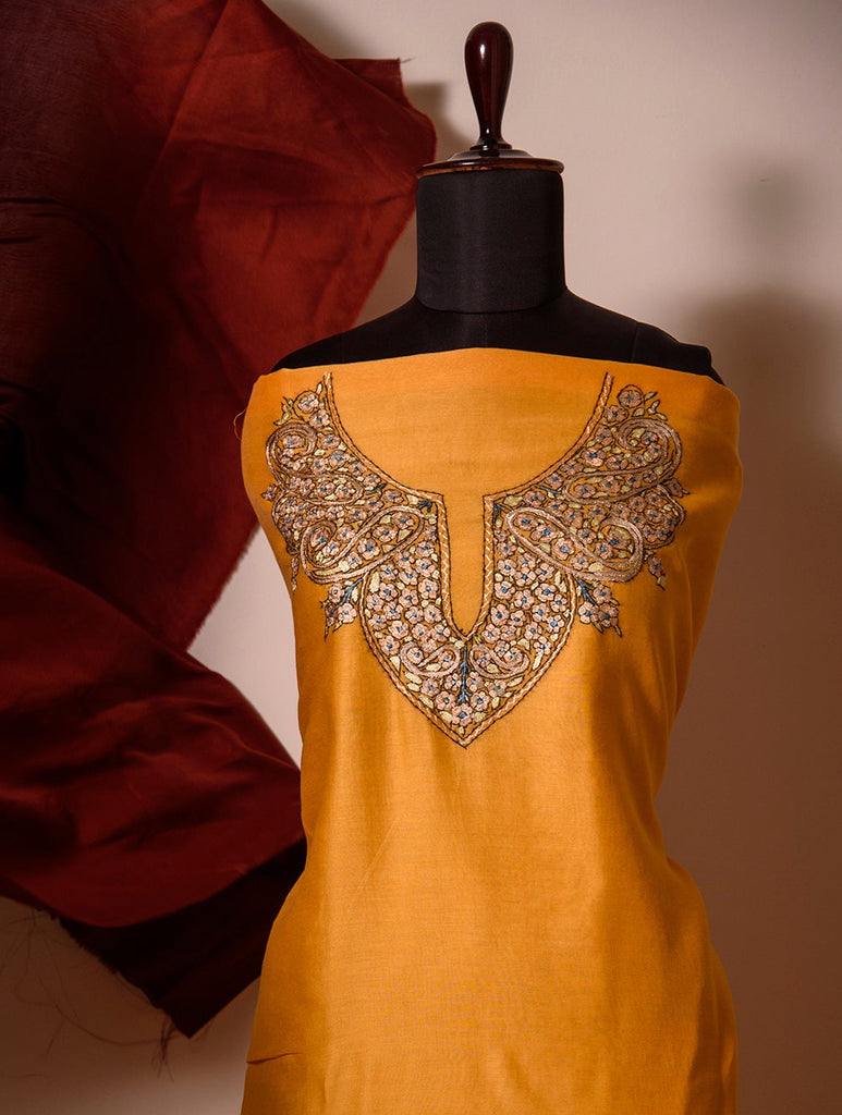 Exclusive, Fine Kashmiri Hand Embroidered Chanderi Kurta / Dress Fabric - Golden Yellow