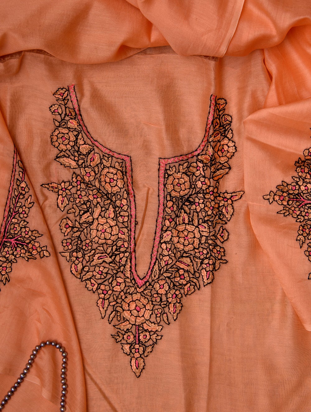 Load image into Gallery viewer, Exclusive, Fine Kashmiri Hand Embroidered Chanderi Kurta / Dress Fabric - Peach