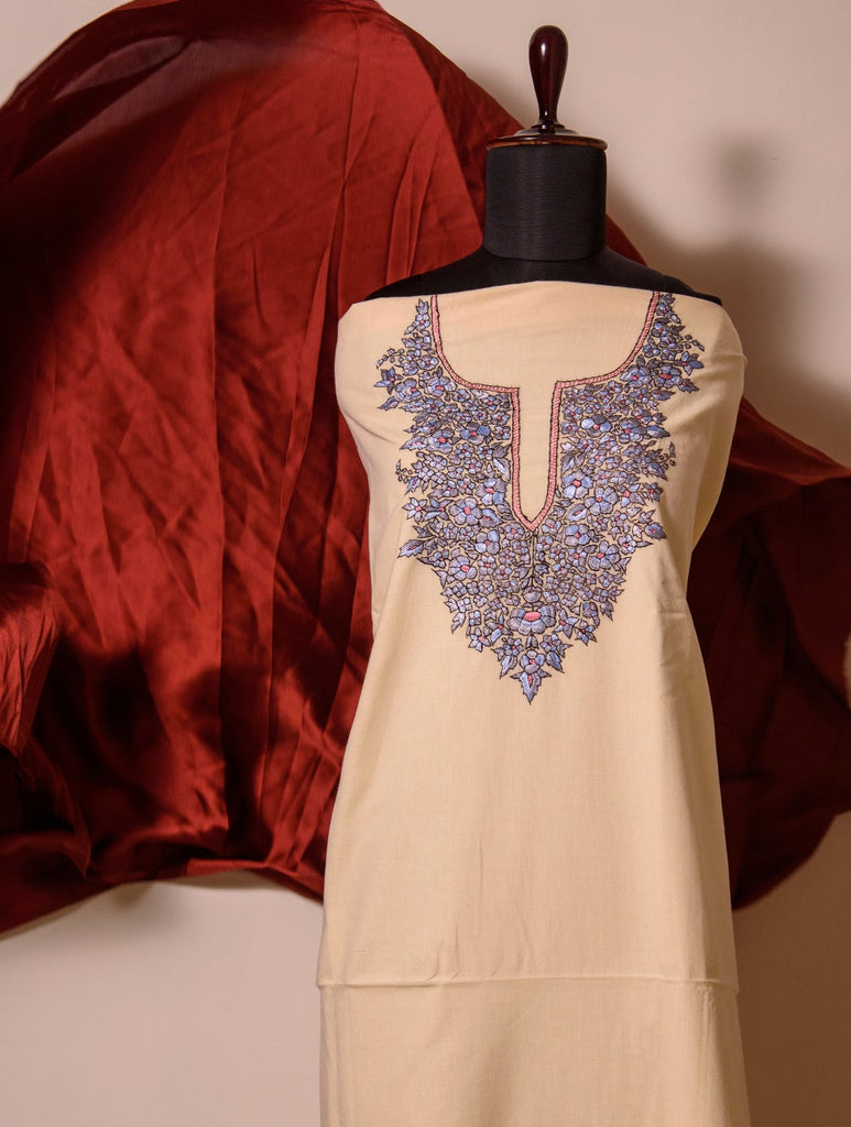 Exclusive, Fine Kashmiri Hand Embroidered Cotton Kurta / Dress Fabric - Cream & Blue