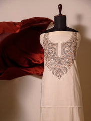 Exclusive, Fine Kashmiri Hand Embroidered Cotton Kurta / Dress Fabric - Shades of Cream