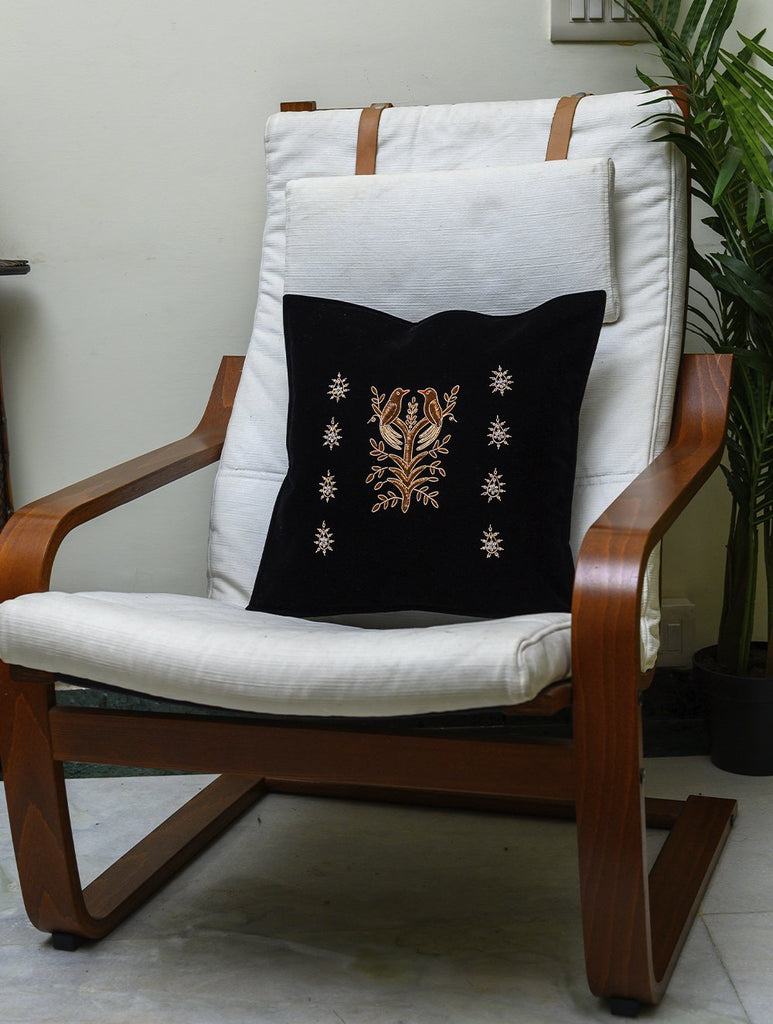 Exquisite Resham Zardozi Hand Embroidered Velvet Cushion Cover - Birds (Piece)