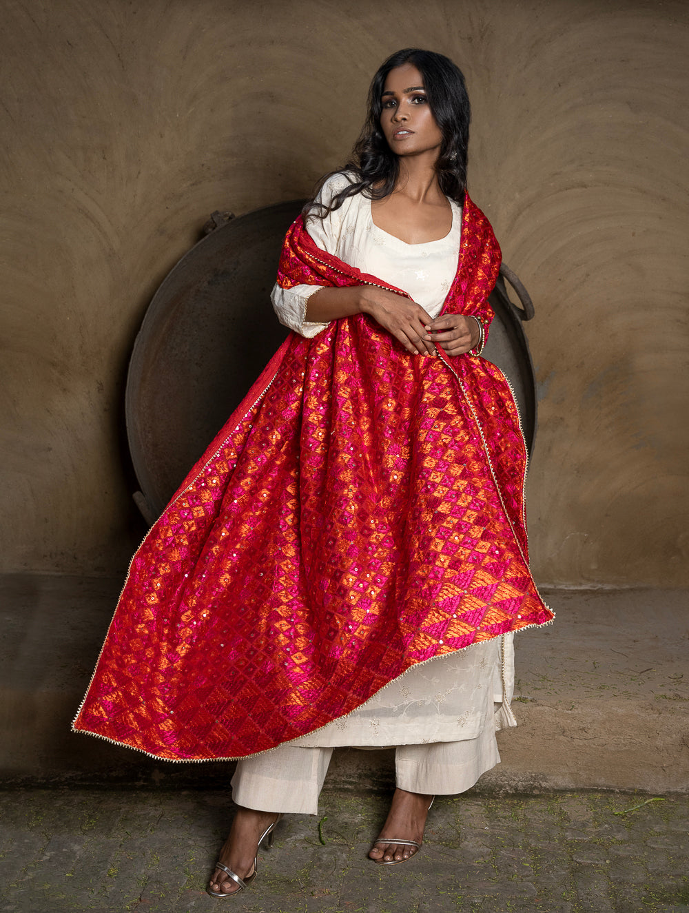 Load image into Gallery viewer, Exquisite &amp; Intricate Hand Embroidered Phulkari Dupatta - Red Diamonds