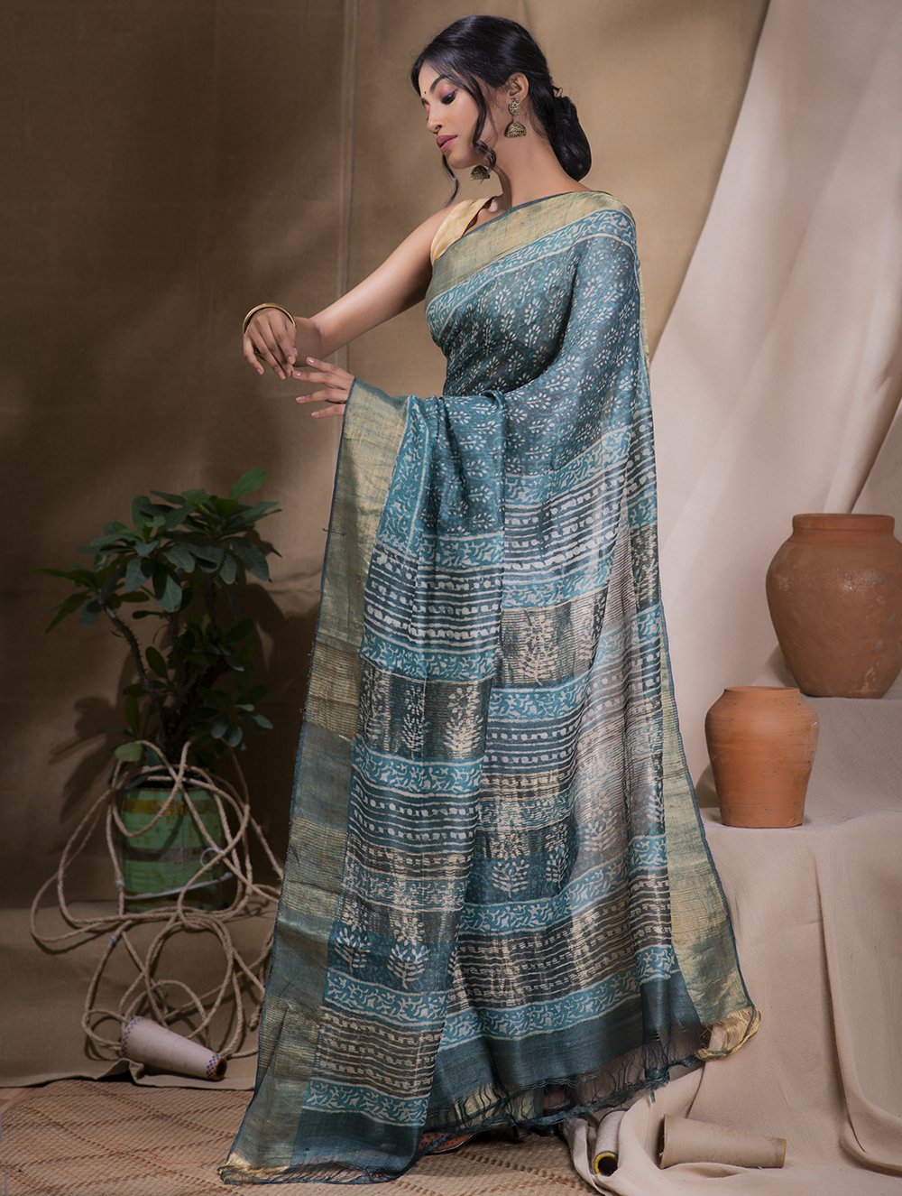 Load image into Gallery viewer, Festive &amp; Exclusive Tassar Silk Bagru Saree (With Blouse Piece) - Aqua Blue &amp; Dull Gold