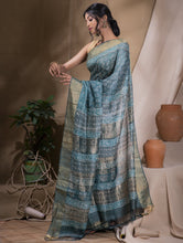 Load image into Gallery viewer, Festive &amp; Exclusive Tassar Silk Bagru Saree (With Blouse Piece) - Aqua Blue &amp; Dull Gold