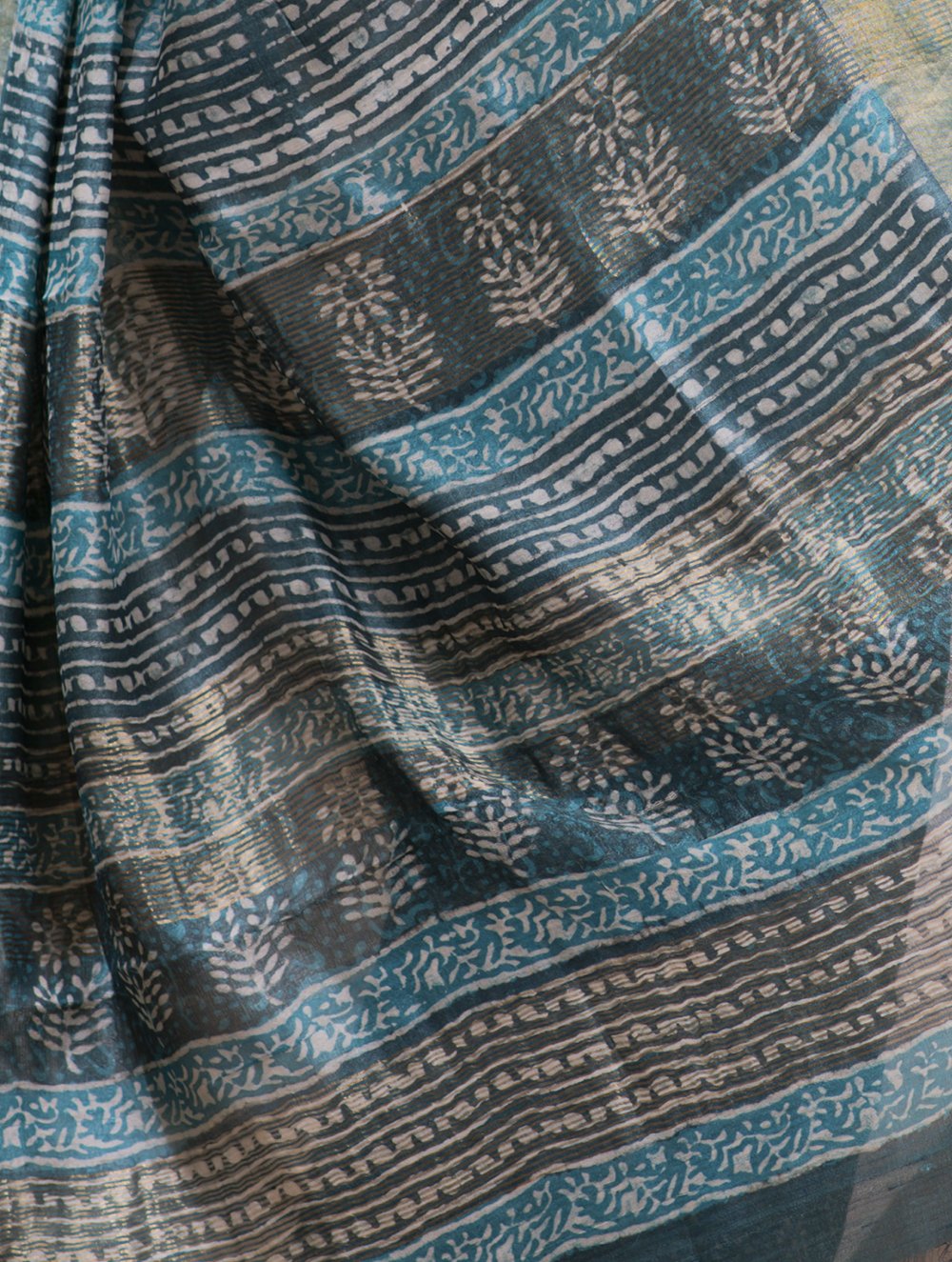 Load image into Gallery viewer, Festive &amp; Exclusive Tassar Silk Bagru Saree (With Blouse Piece) - Aqua Blue &amp; Dull Gold