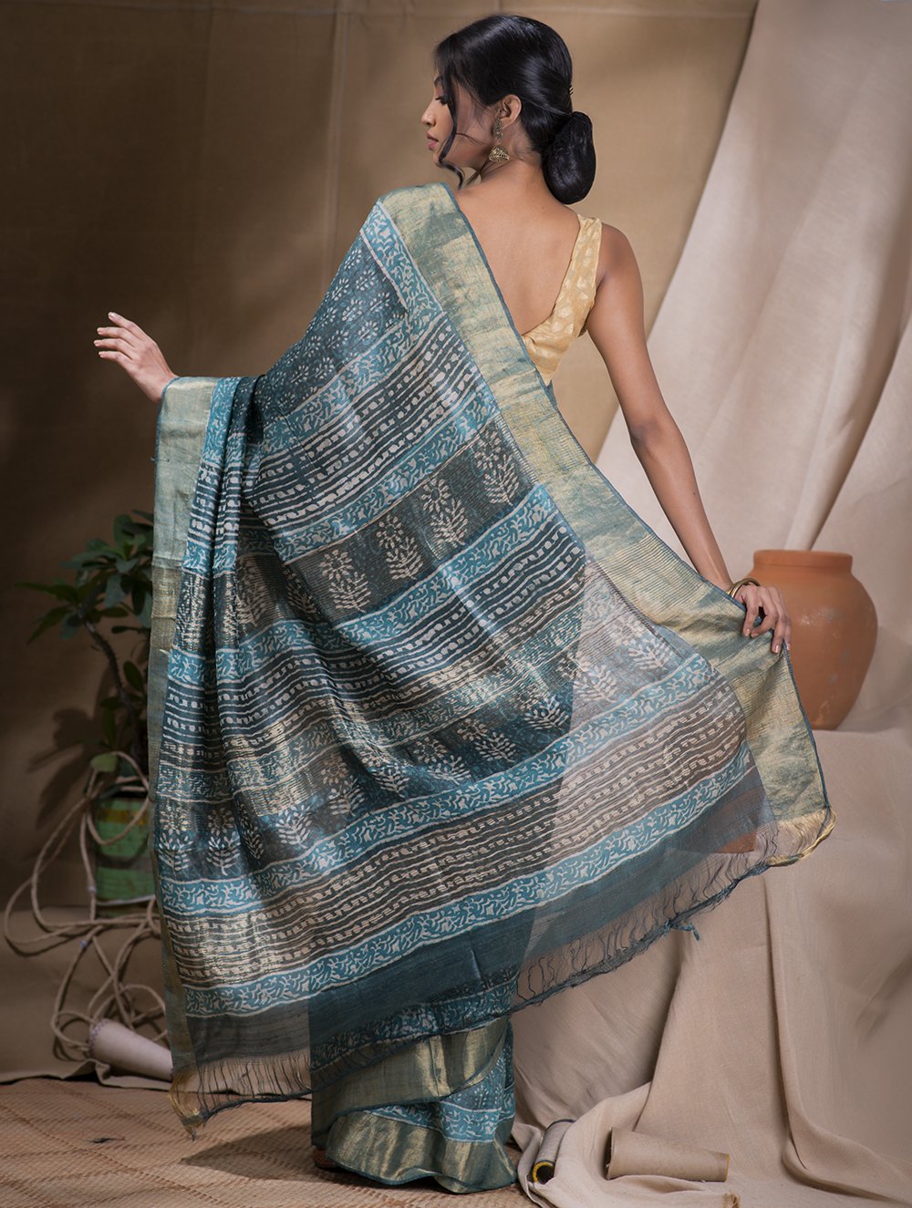 Load image into Gallery viewer, Festive &amp; Exclusive Tassar Silk Bagru Saree (With Blouse Piece) - Aqua Blue &amp; Dull Gold