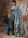 Festive & Exclusive Tassar Silk Bagru Saree (With Blouse Piece) - Aqua Blue & Dull Gold