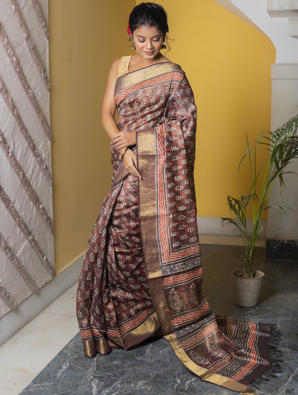 Load image into Gallery viewer, Festive &amp; Exclusive Tassar Silk Bagru Saree (With Blouse Piece) - Deep Brown, Coral &amp; Dull Gold