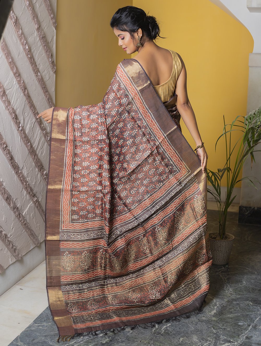 Load image into Gallery viewer, Festive &amp; Exclusive Tassar Silk Bagru Saree (With Blouse Piece) - Deep Brown, Coral &amp; Dull Gold