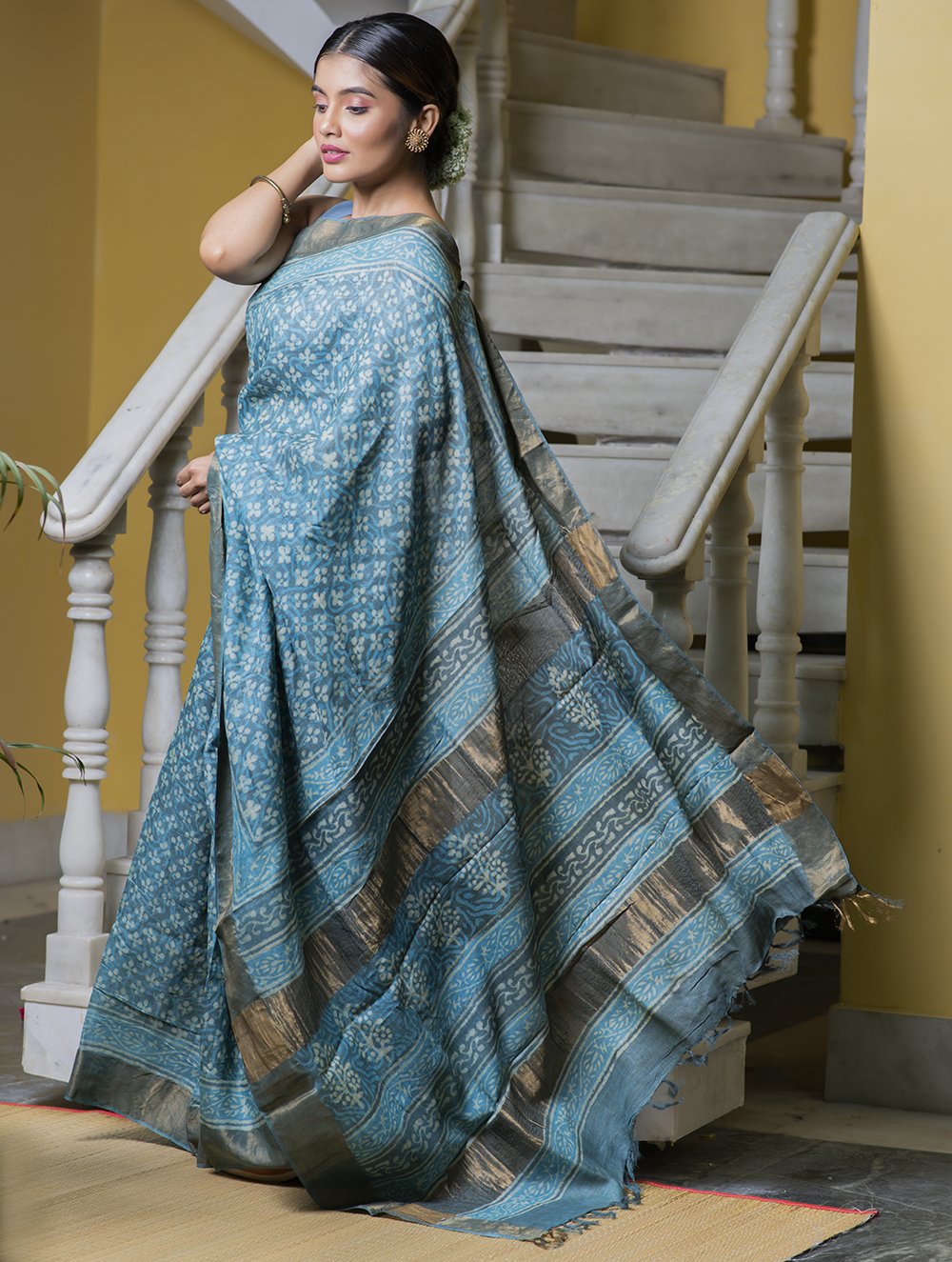 Load image into Gallery viewer, Festive &amp; Exclusive Tassar Silk Bagru Saree (With Blouse Piece) - Turqua Blue, Dull Gold &amp; Beige