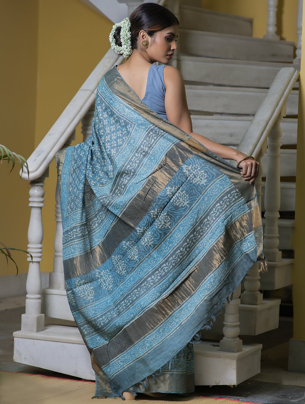 Load image into Gallery viewer, Festive &amp; Exclusive Tassar Silk Bagru Saree (With Blouse Piece) - Turqua Blue, Dull Gold &amp; Beige