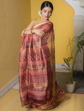 Load image into Gallery viewer, Festive &amp; Exclusive Tassar Silk Bagru Saree (With Blouse Piece) - Warm Pink, Beige &amp; Dull Gold