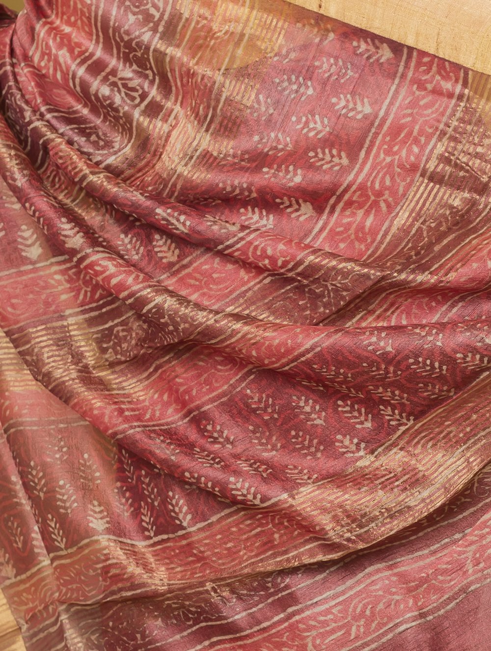 Load image into Gallery viewer, Festive &amp; Exclusive Tassar Silk Bagru Saree (With Blouse Piece) - Warm Pink, Beige &amp; Dull Gold