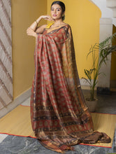 Load image into Gallery viewer, Festive &amp; Exclusive Tassar Silk Bagru Saree (With Blouse Piece) - Warm Red, Beige &amp; Dull Gold