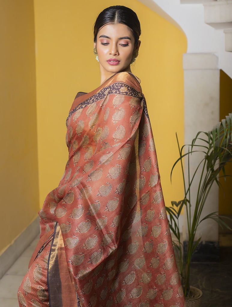 Festive & Exclusive Tassar Silk Bagru Saree (With Blouse Piece) - Warm Red, Beige & Dull Gold