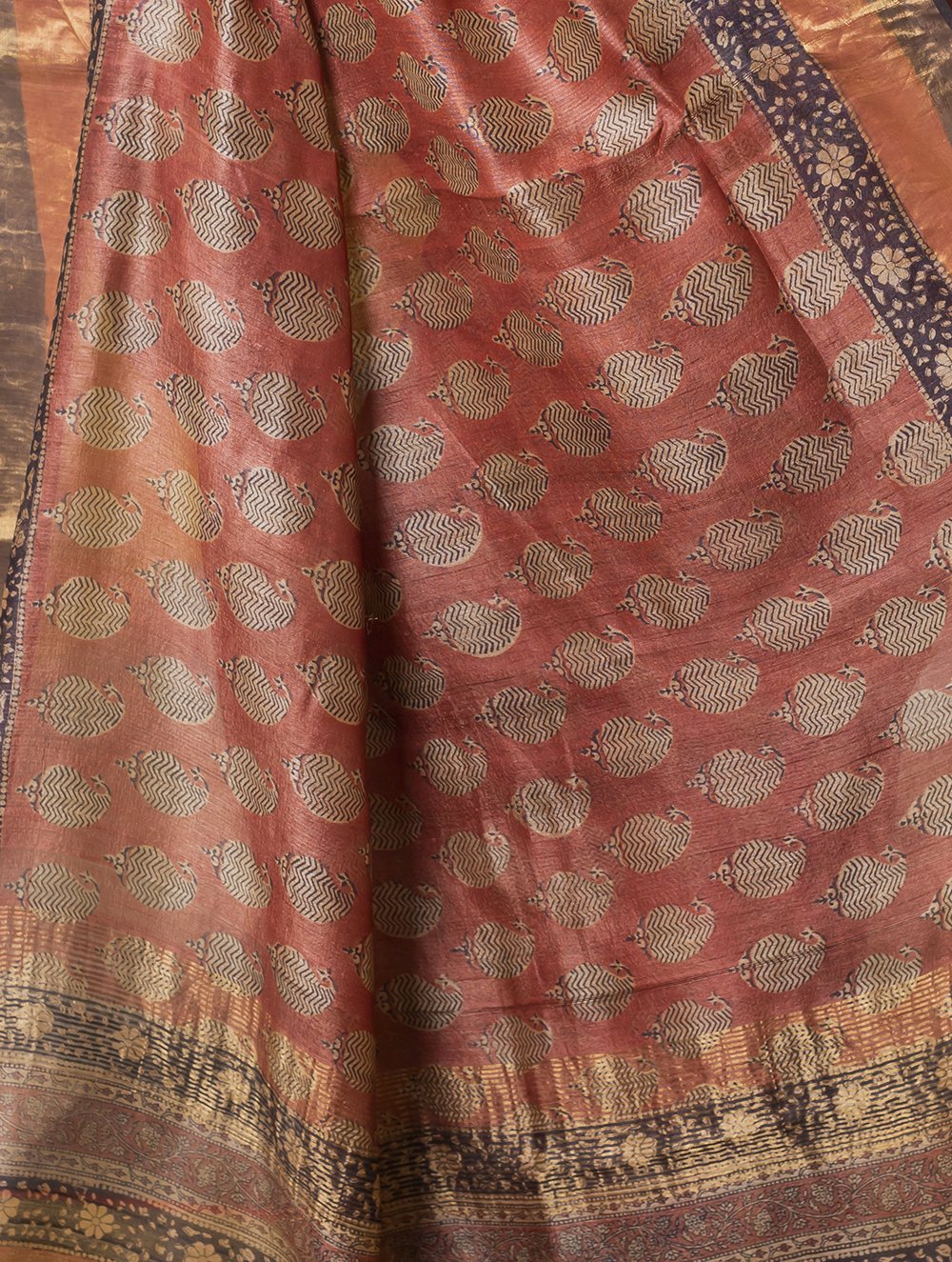 Load image into Gallery viewer, Festive &amp; Exclusive Tassar Silk Bagru Saree (With Blouse Piece) - Warm Red, Beige &amp; Dull Gold