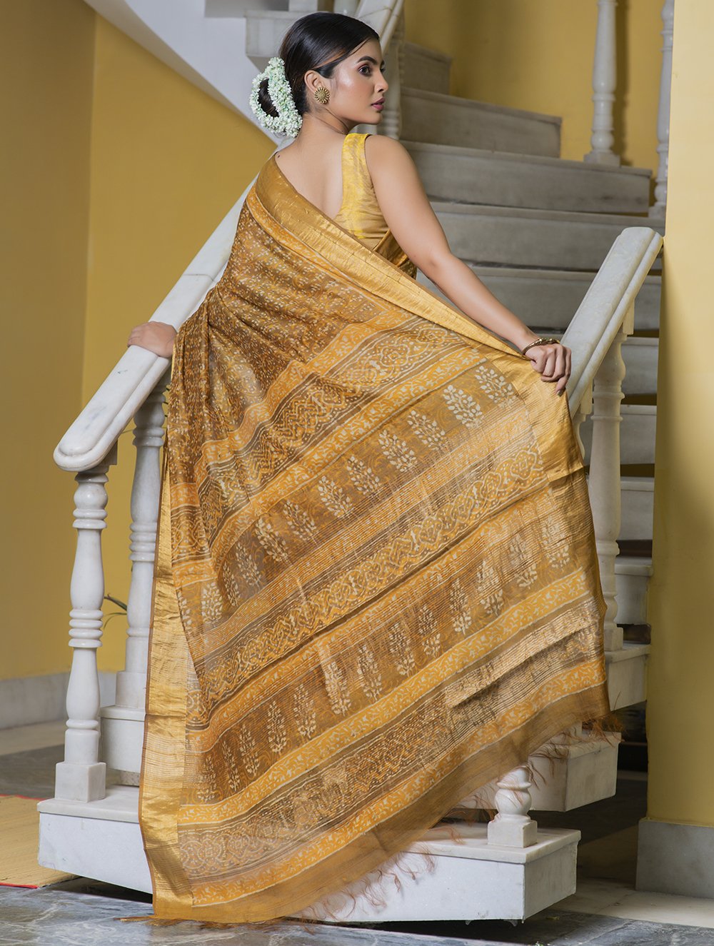 Load image into Gallery viewer, Festive &amp; Exclusive Tassar Silk Bagru Saree (With Blouse Piece) - Yellow, Mustard &amp; Dull Gold