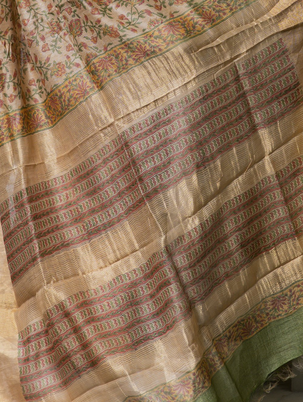 Load image into Gallery viewer, Festive &amp; Exclusive Tassar Silk Sanganeri Bagru Saree (With Blouse Piece) - Beige, Green, Pink &amp; Dull Gold