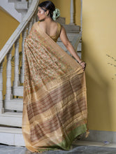 Load image into Gallery viewer, Festive &amp; Exclusive Tassar Silk Sanganeri Bagru Saree (With Blouse Piece) - Beige, Green, Pink &amp; Dull Gold