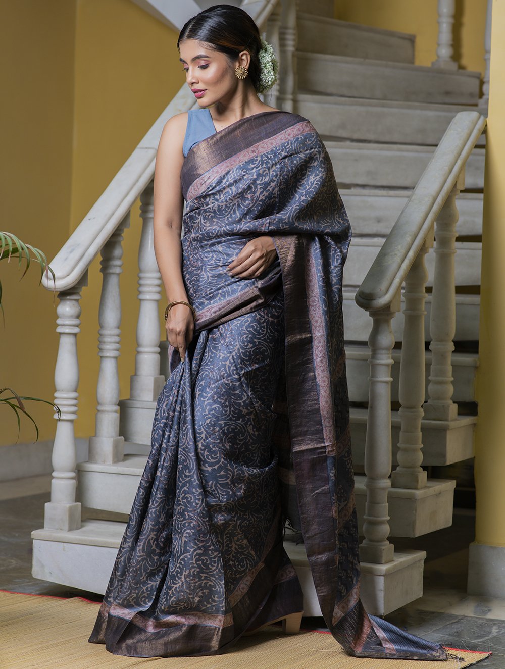 Load image into Gallery viewer, Festive &amp; Exclusive Tassar Silk Sanganeri Bagru Saree (With Blouse Piece) - Blue Grey, Pink &amp; Dull Gold