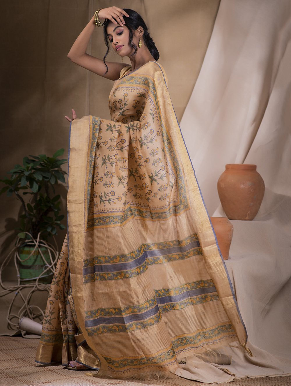 Load image into Gallery viewer, Festive &amp; Exclusive Tassar Silk Sanganeri Bagru Saree (With Blouse Piece) - Dark Beige, Green &amp; Gold