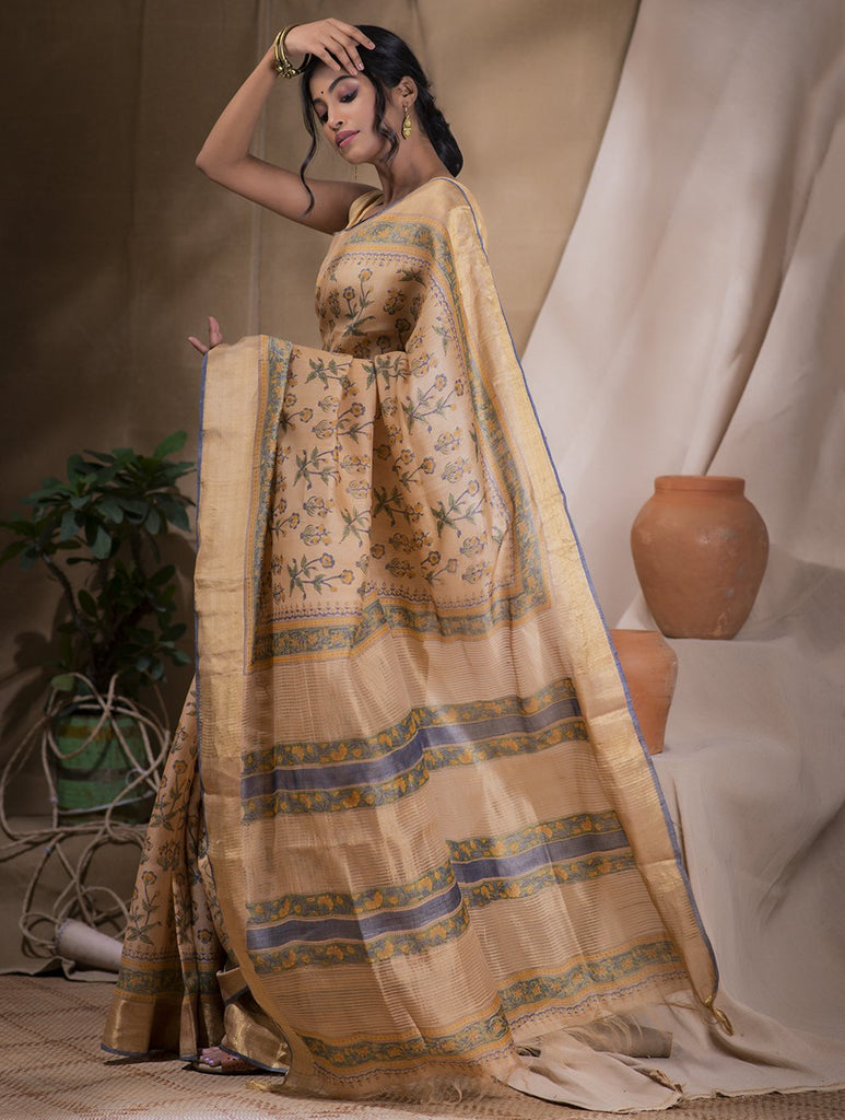 Festive & Exclusive Tassar Silk Sanganeri Bagru Saree (With Blouse Piece) - Dark Beige, Green & Gold