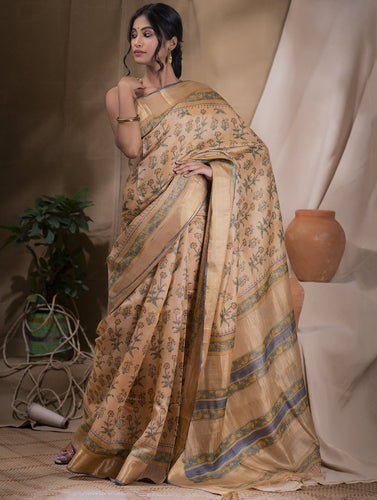 Festive & Exclusive Tassar Silk Sanganeri Bagru Saree (With Blouse Piece) - Dark Beige, Green & Gold