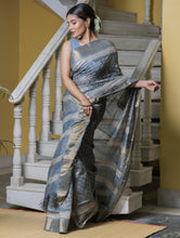 Load image into Gallery viewer, Festive &amp; Exclusive Tassar Silk Sanganeri Bagru Saree (With Blouse Piece) - Soft Blue, Beige &amp; Dull Gold