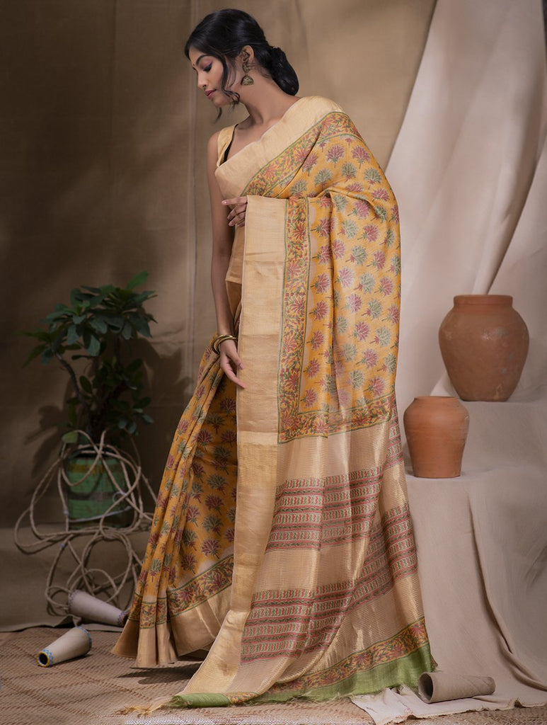 Festive & Exclusive Tassar Silk Sanganeri Bagru Saree (With Blouse Piece) - Warm Yellow & Dull Gold
