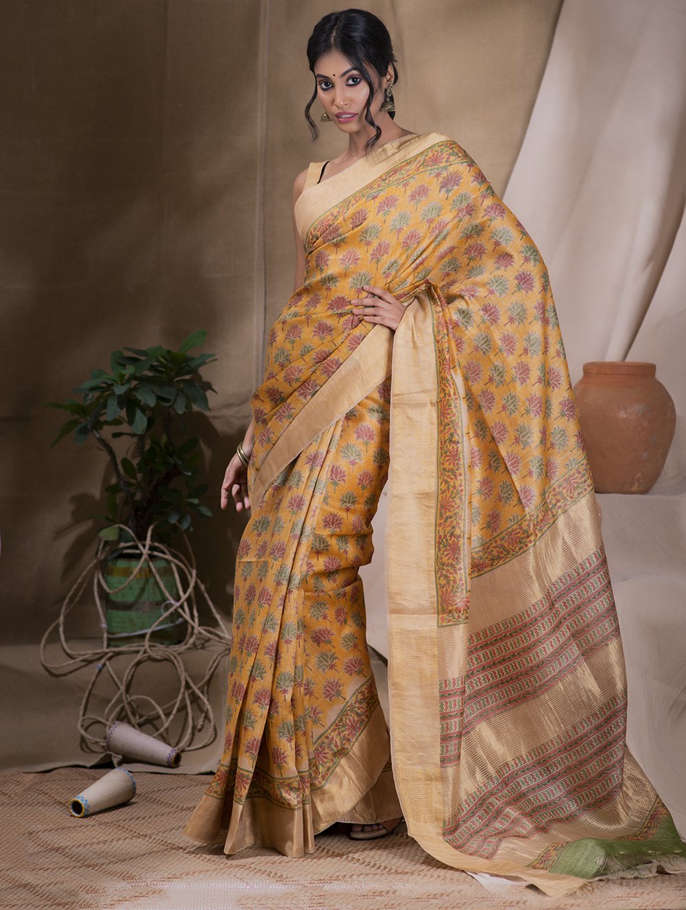 Load image into Gallery viewer, Festive &amp; Exclusive Tassar Silk Sanganeri Bagru Saree (With Blouse Piece) - Warm Yellow &amp; Dull Gold