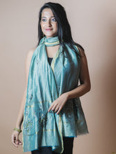 Load image into Gallery viewer, Fine Kashmiri Embroidered Chanderi Stole - Sea Green &amp; Soft Blue