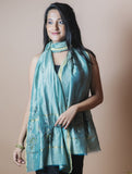 Fine Kashmiri Embroidered Chanderi Stole - Sea Green & Soft Blue