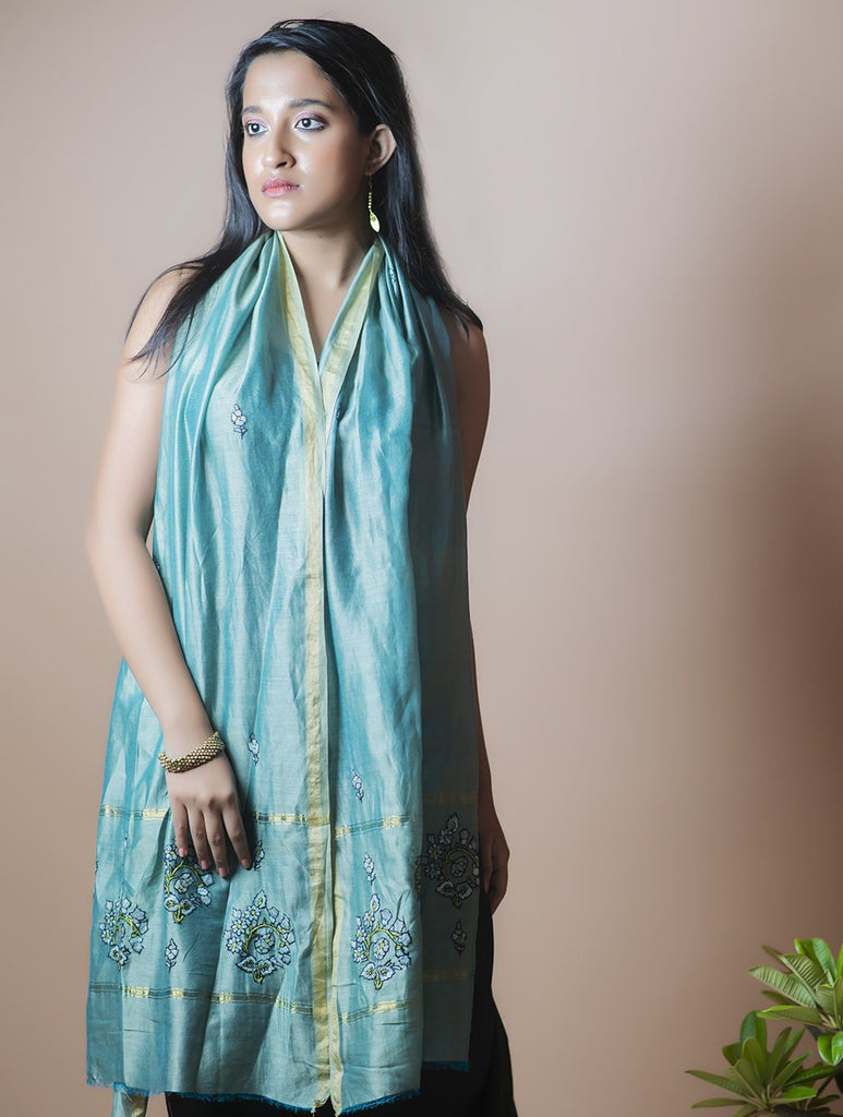 Fine Kashmiri Embroidered Chanderi Stole - Sea Green & Soft Blue