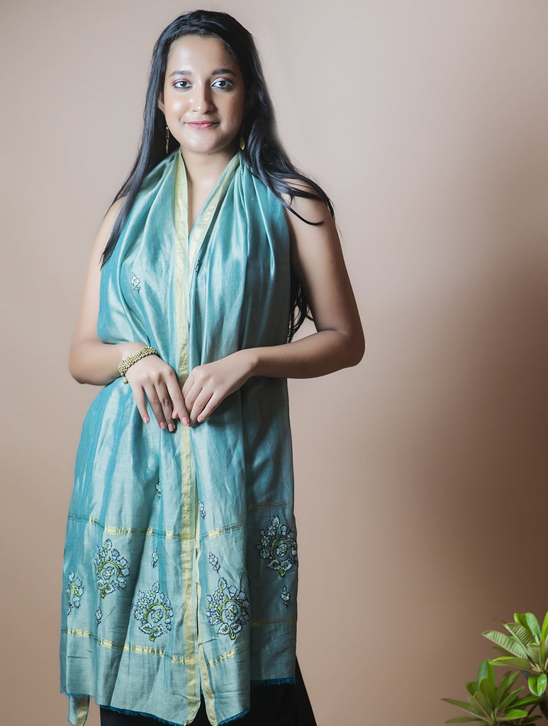 Fine Kashmiri Embroidered Chanderi Stole - Sea Green & Soft Blue