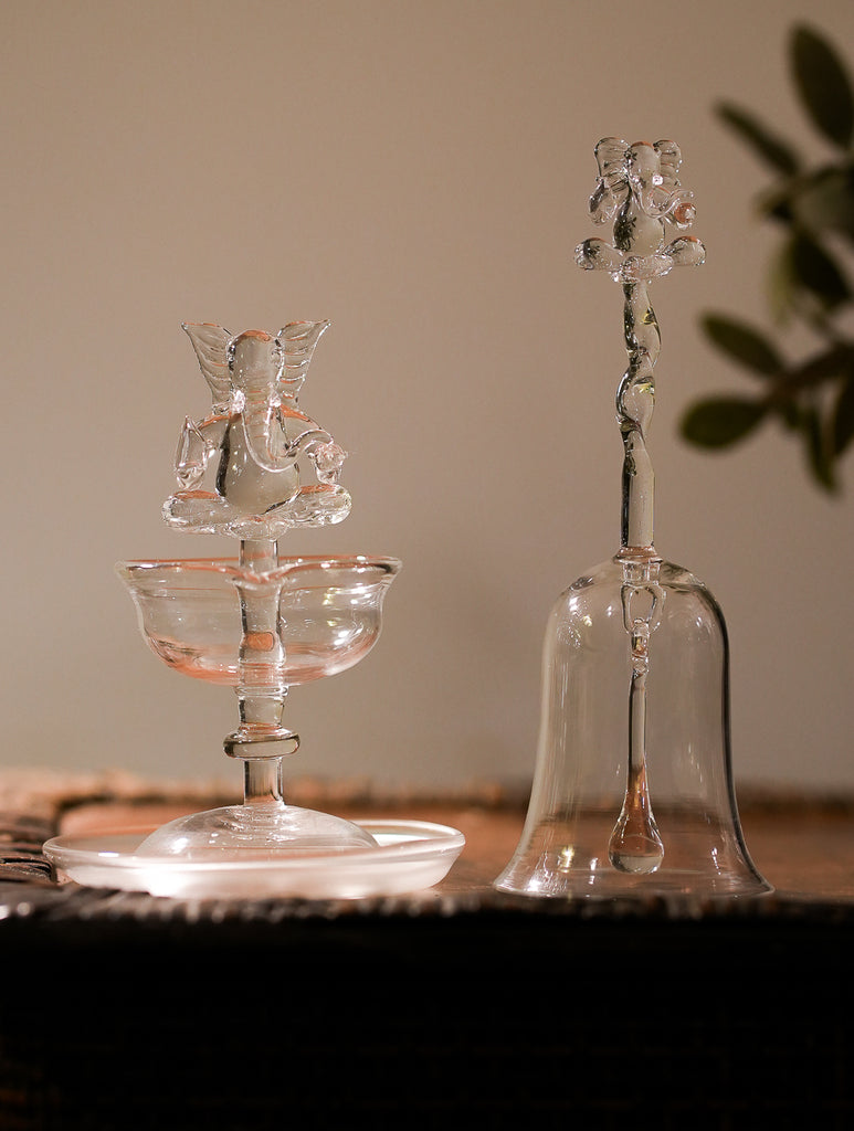 Fine Glass Ganesha Diya & Bell (Set of 2)