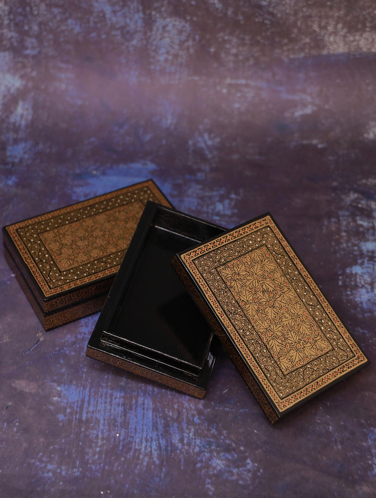 Fine Kashmiri Art Flat Utility Boxes (Set of 2) - Black & Gold