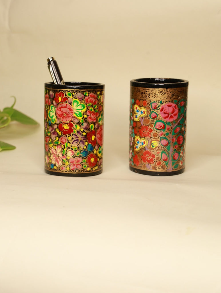 Fine Kashmiri Art Pen Stands (Set of 2) - Florals