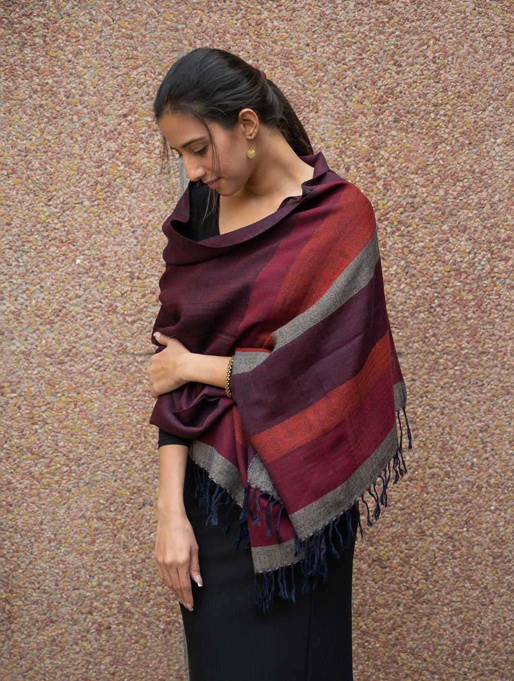 Load image into Gallery viewer, Fine, Soft Himachal Wool Striped Stole - Wine Red