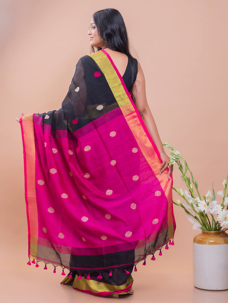 Flowing & Graceful. Soft Handwoven Bengal Linen Saree - Magenta Buti