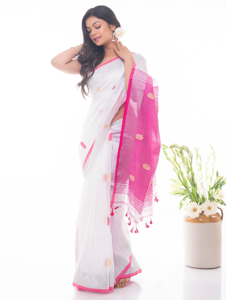Flowing & Graceful. Soft Handwoven Bengal Linen Saree - Pink Buti