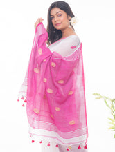 Load image into Gallery viewer, Flowing &amp; Graceful. Soft Handwoven Bengal Linen Saree - Pink Buti
