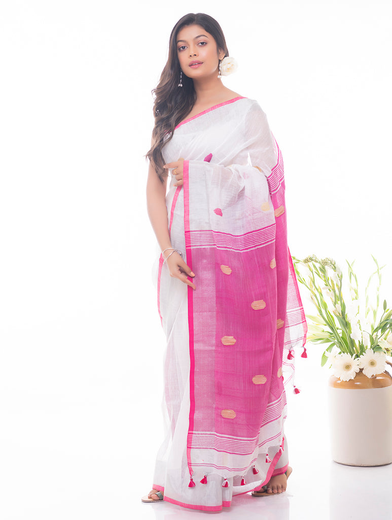 Flowing & Graceful. Soft Handwoven Bengal Linen Saree - Pink Buti